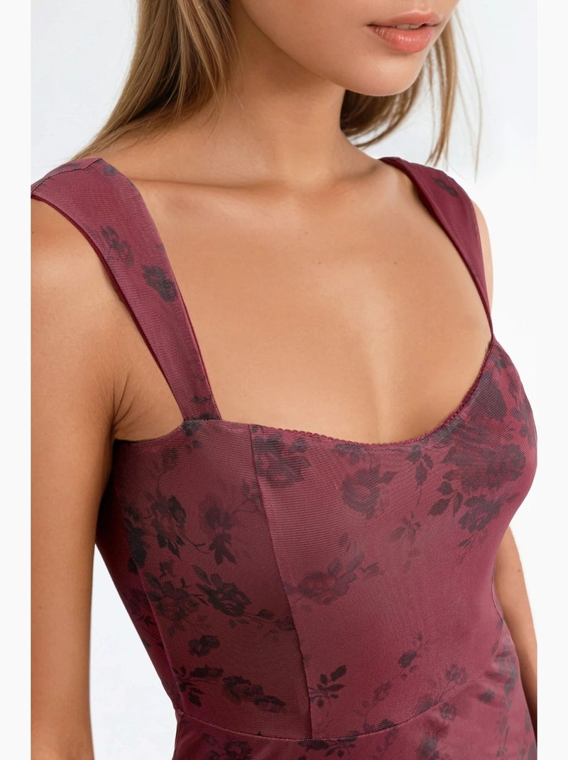 Abito midi con scollo a cuore e motivo floreale hiccup Rosso bordeaux - Kiabi