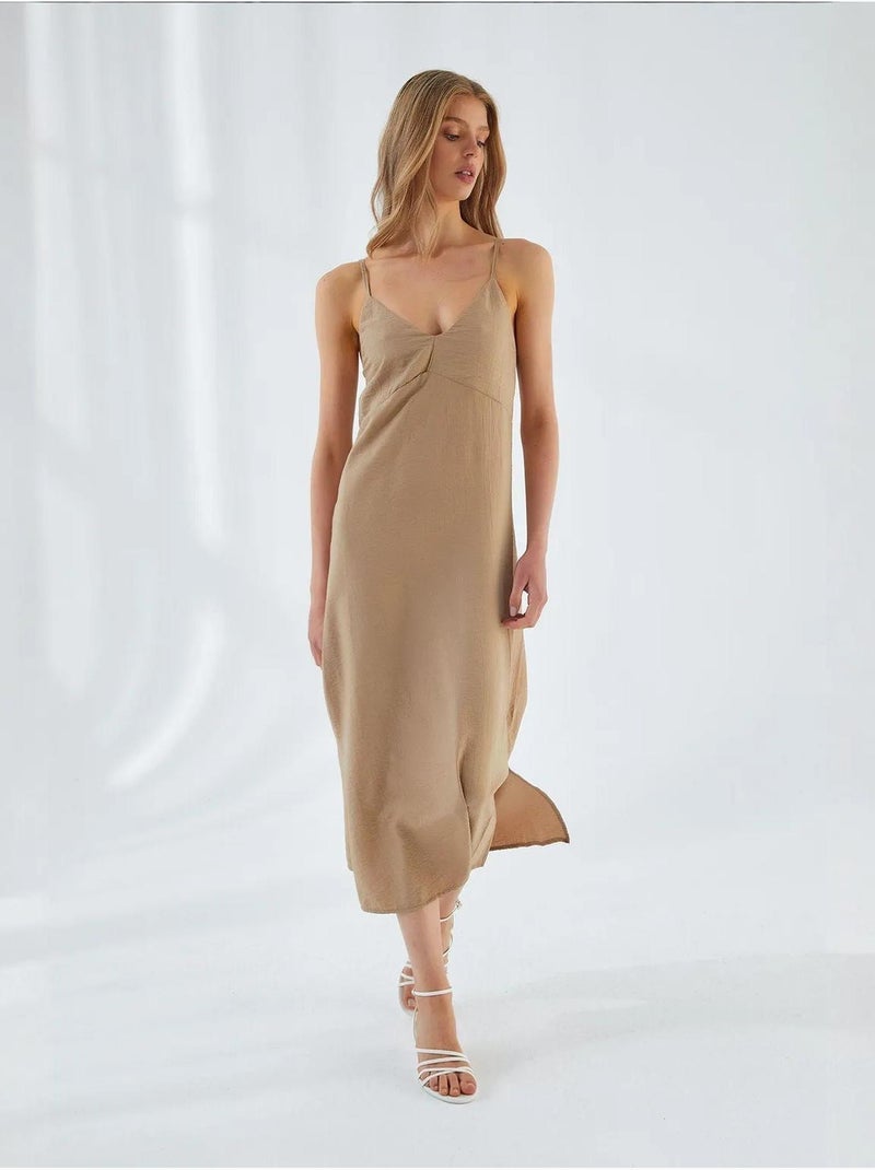 Abito midi con scollo a v e spacco mixray Beige argilla - Kiabi