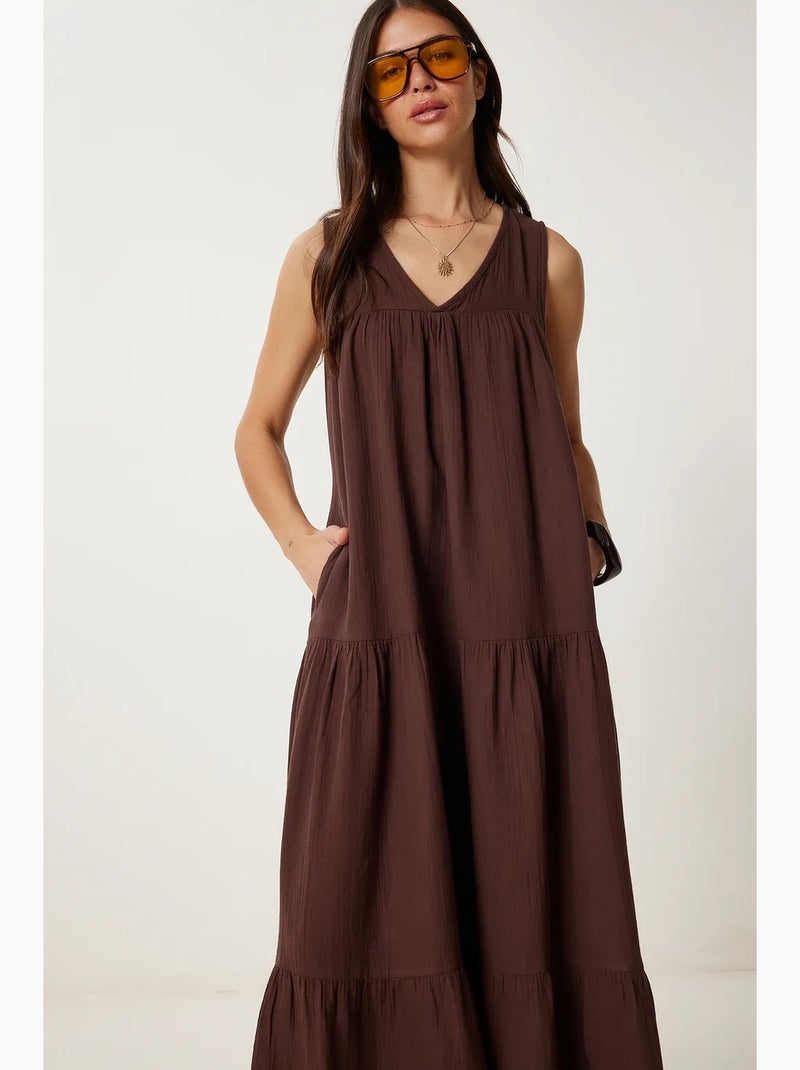 Abito midi con scollo a v e volant istanbul Marrone cioccolato - Kiabi