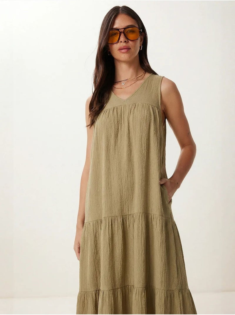 Abito midi con scollo a v e volant istanbul Verde kaki - Kiabi
