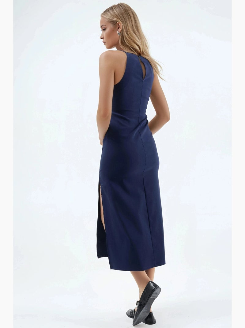 Abito midi con scollo all’americana e spacco hiccup Blu marino - Kiabi