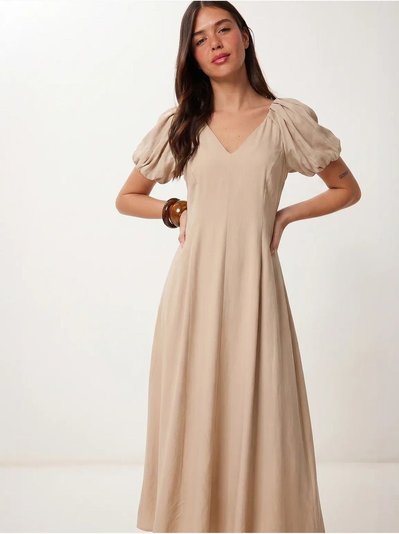 Abito midi da donna a linea a con scollo a v istanbul Beige argilla - Kiabi