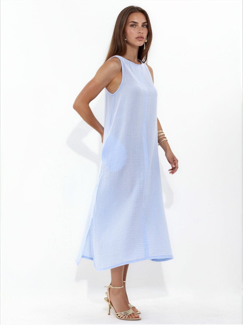 Abito midi da spiaggia in cotone testurizzato con spacco hiccup Blu chiaro - Kiabi