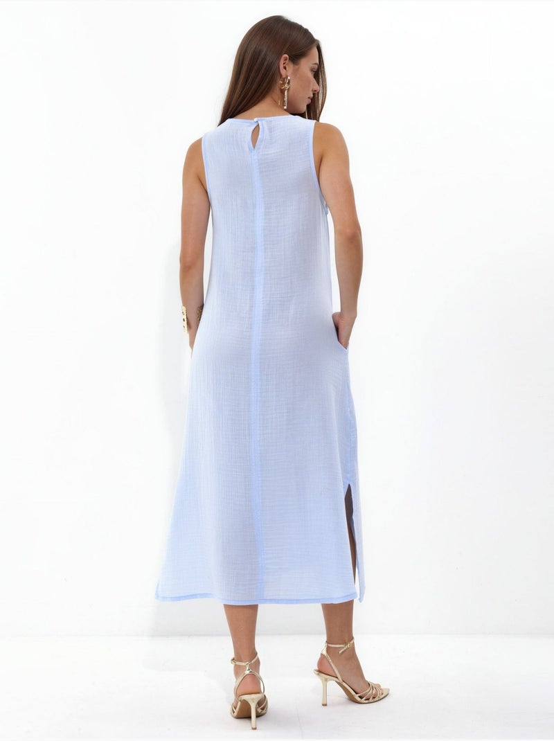 Abito midi da spiaggia in cotone testurizzato con spacco hiccup Blu chiaro - Kiabi