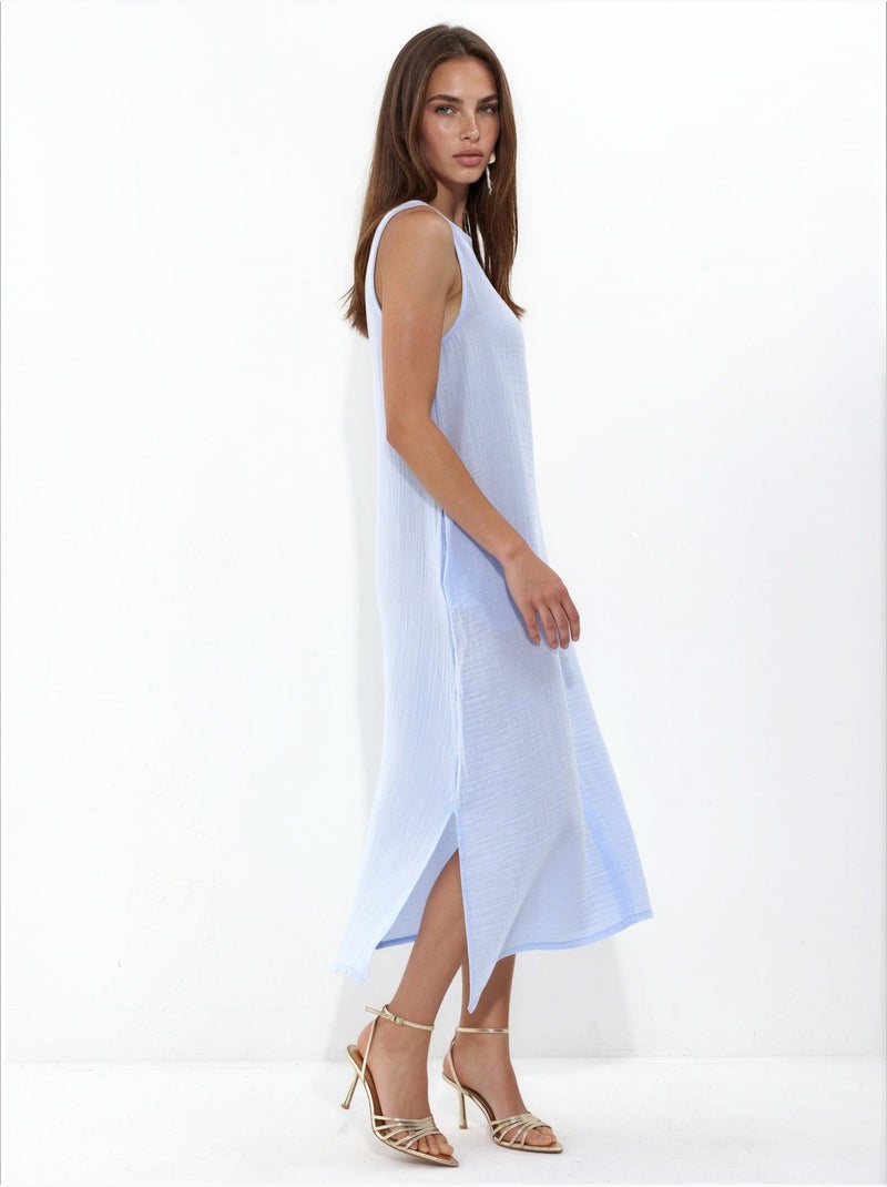 Abito midi da spiaggia in cotone testurizzato con spacco hiccup Blu chiaro - Kiabi