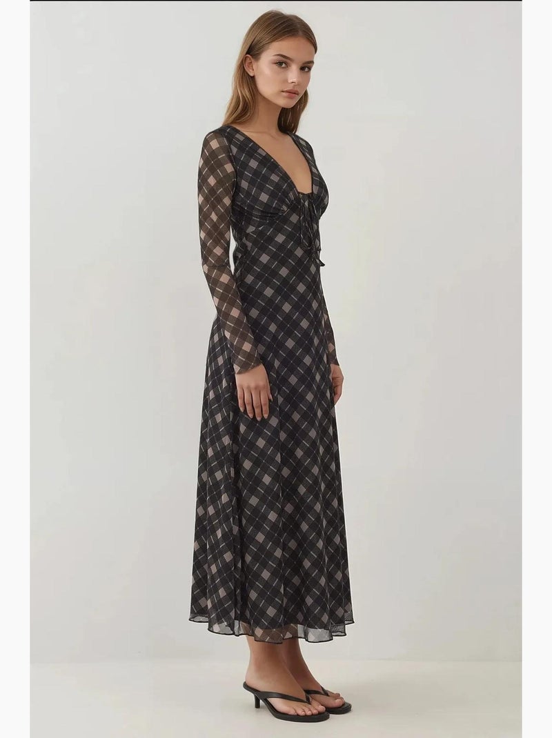 Abito midi elegante aderente a quadri con scollo a v profondo hiccup Nero/Sabbia - Kiabi