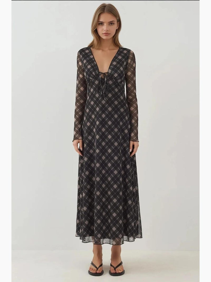 Abito midi elegante aderente a quadri con scollo a v profondo hiccup Nero/Sabbia - Kiabi