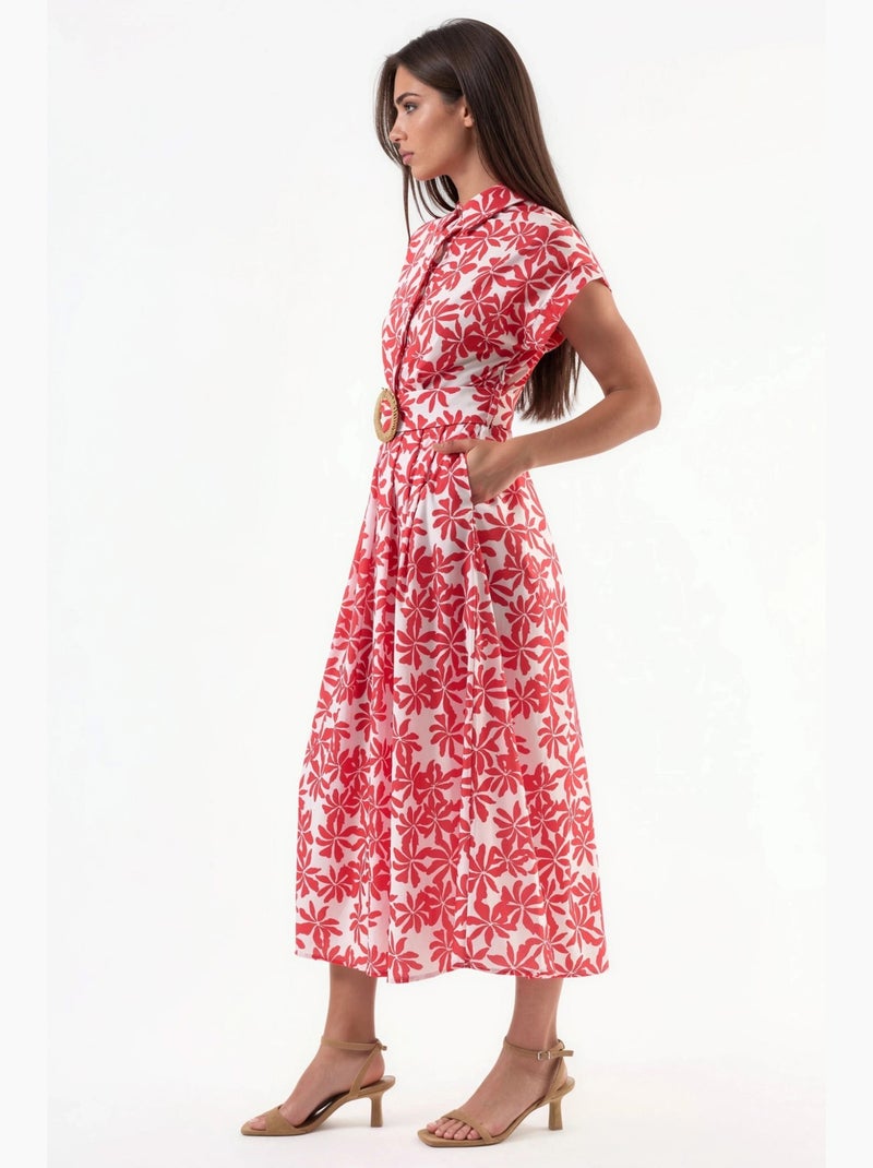 Abito midi floreale a linea a con cintura busem Rosso - Kiabi