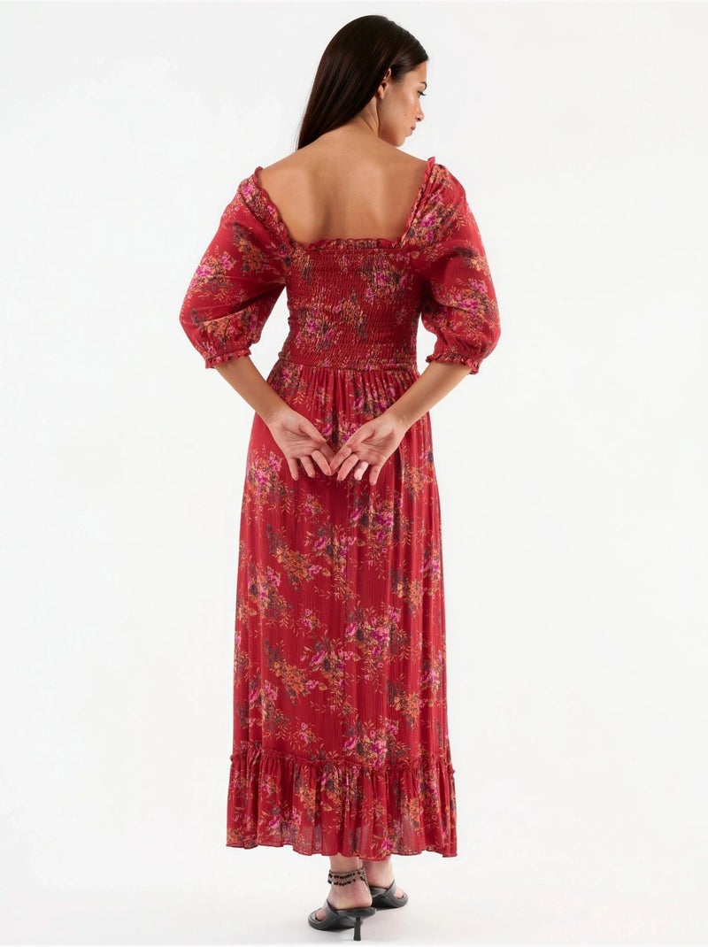 Abito midi floreale con colletto quadrato busem Rosso - Kiabi