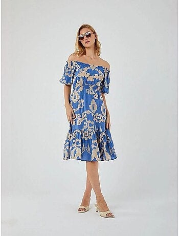 Abito midi floreale con ruches, scollo bardot e dettaglio con laccetto mixray