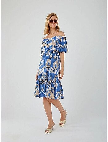 Abito midi floreale con ruches, scollo bardot e dettaglio con laccetto mixray