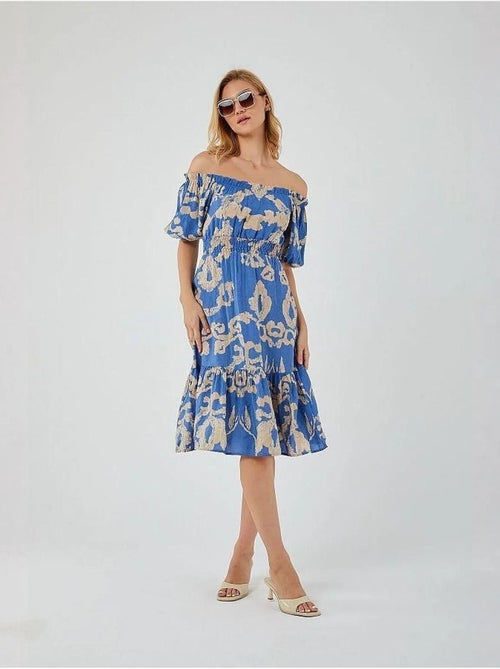 Abito midi floreale con ruches, scollo bardot e dettaglio con laccetto mixray - Kiabi