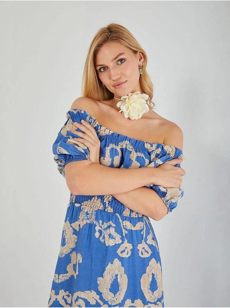 Abito midi floreale con ruches, scollo bardot e dettaglio con laccetto mixray Blu chiaro - Kiabi