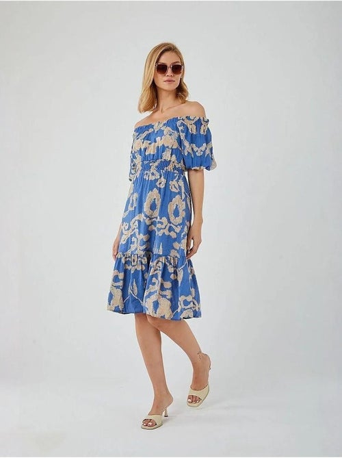 Abito midi floreale con ruches, scollo bardot e dettaglio con laccetto mixray - Kiabi