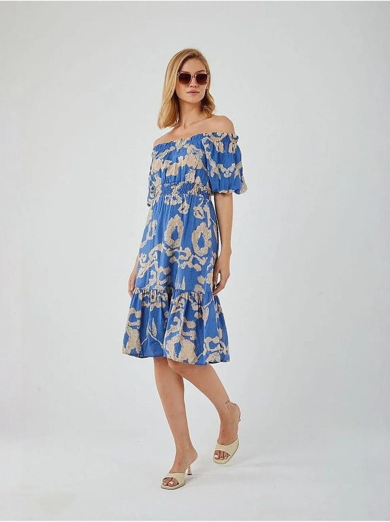 Abito midi floreale con ruches, scollo bardot e dettaglio con laccetto mixray Blu chiaro - Kiabi
