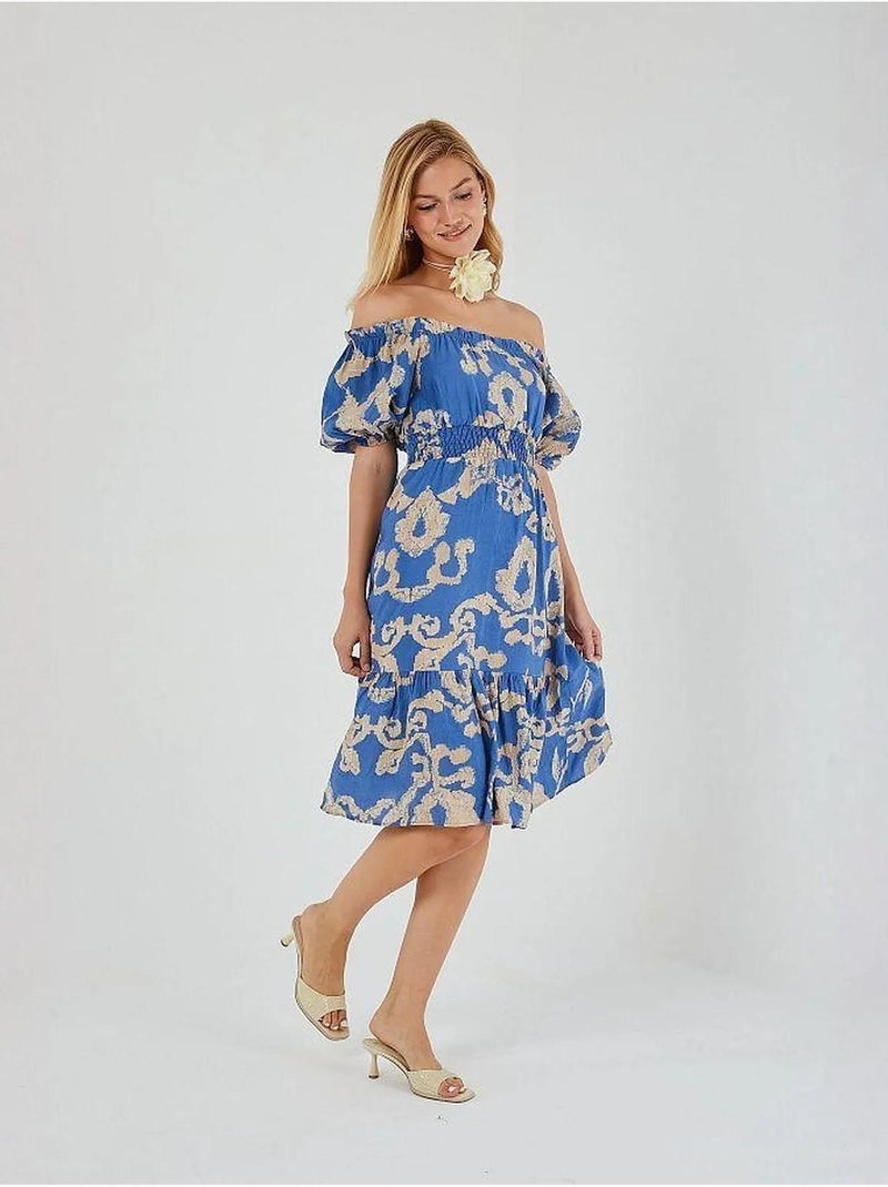 Abito midi floreale con ruches, scollo bardot e dettaglio con laccetto mixray Blu chiaro - Kiabi