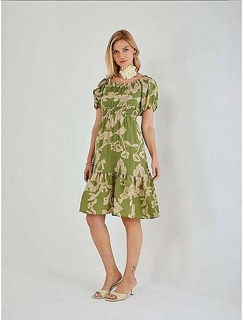 Abito midi floreale con ruches, scollo bardot e dettaglio con laccetto mixray