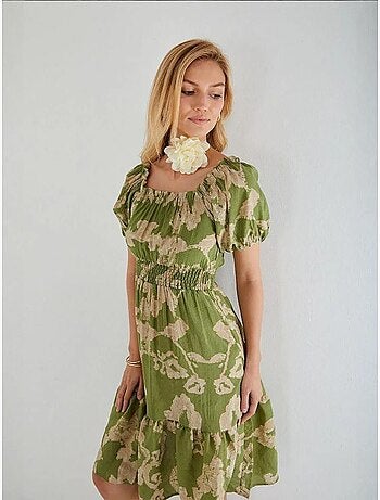 Abito midi floreale con ruches, scollo bardot e dettaglio con laccetto mixray