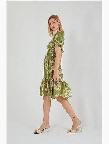 Abito midi floreale con ruches, scollo bardot e dettaglio con laccetto mixray