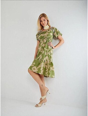 Abito midi floreale con ruches, scollo bardot e dettaglio con laccetto mixray