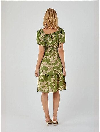 Abito midi floreale con ruches, scollo bardot e dettaglio con laccetto mixray