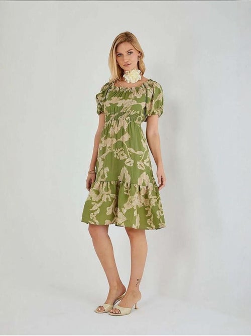 Abito midi floreale con ruches, scollo bardot e dettaglio con laccetto mixray - Kiabi
