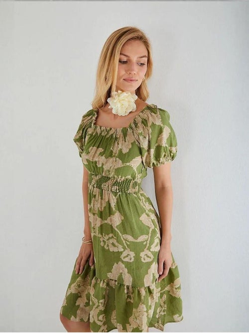 Abito midi floreale con ruches, scollo bardot e dettaglio con laccetto mixray - Kiabi