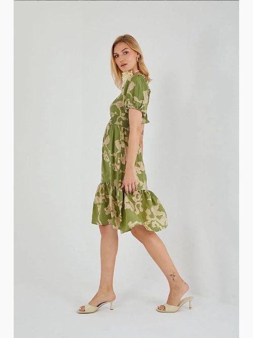 Abito midi floreale con ruches, scollo bardot e dettaglio con laccetto mixray - Kiabi