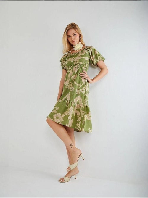 Abito midi floreale con ruches, scollo bardot e dettaglio con laccetto mixray - Kiabi