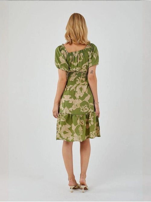 Abito midi floreale con ruches, scollo bardot e dettaglio con laccetto mixray - Kiabi