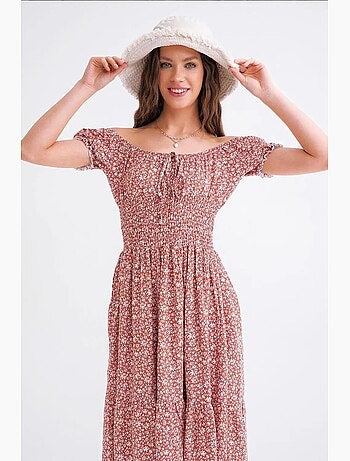 Abito midi floreale con scollo a spalle scoperte, vita arricciata e maniche a sbuffo mixray