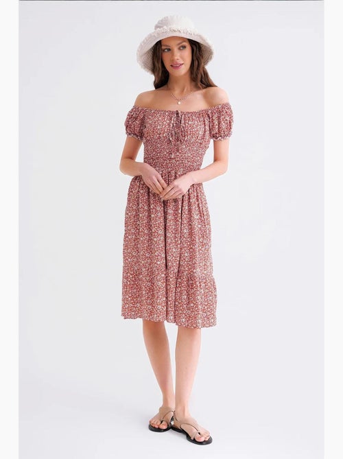 Abito midi floreale con scollo a spalle scoperte, vita arricciata e maniche a sbuffo mixray - Kiabi