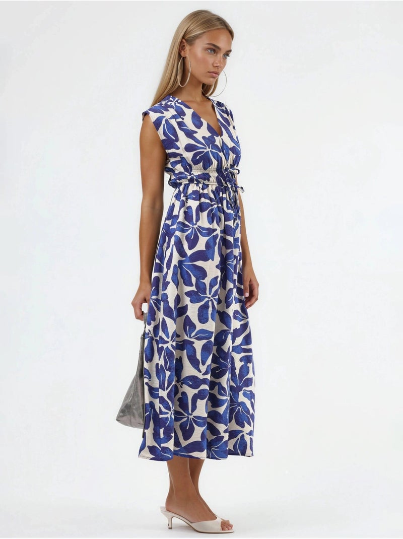 Abito midi floreale con scollo a v e dettaglio fiocco busem Blu scuro - Kiabi