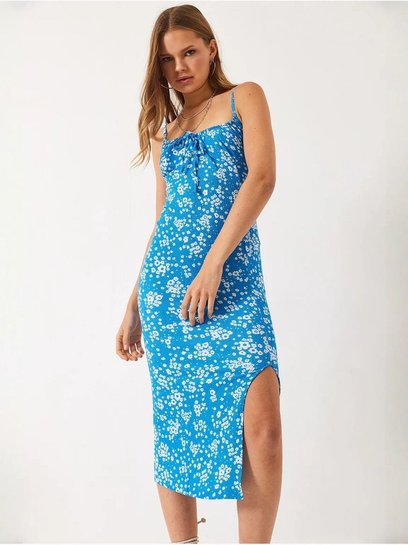 Abito midi floreale con scollo quadrato lucci Blu elettrico - Kiabi