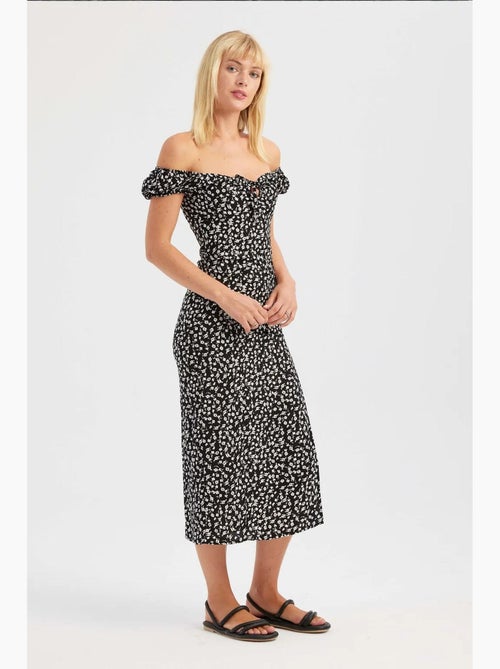 Abito midi floreale con spalle scoperte e spacco laterale hiccup - Kiabi Abito midi floreale con spalle scoperte e spacco laterale hiccup - Kiabi
