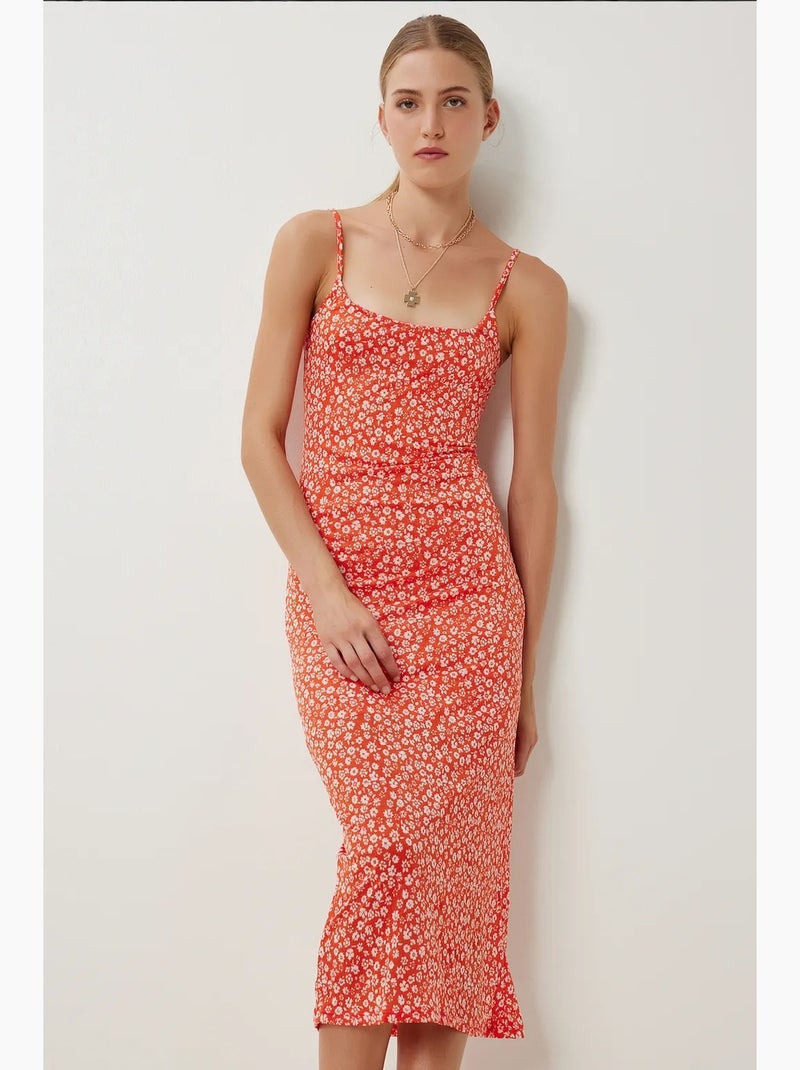 Abito midi floreale senza maniche con scollo quadrato istanbul Arancione mandarino - Kiabi