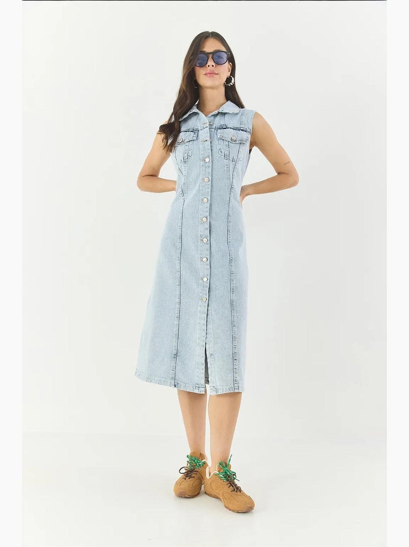 Abito midi in denim aderente con chiusura a bottoni lucci Blu chiaro - Kiabi