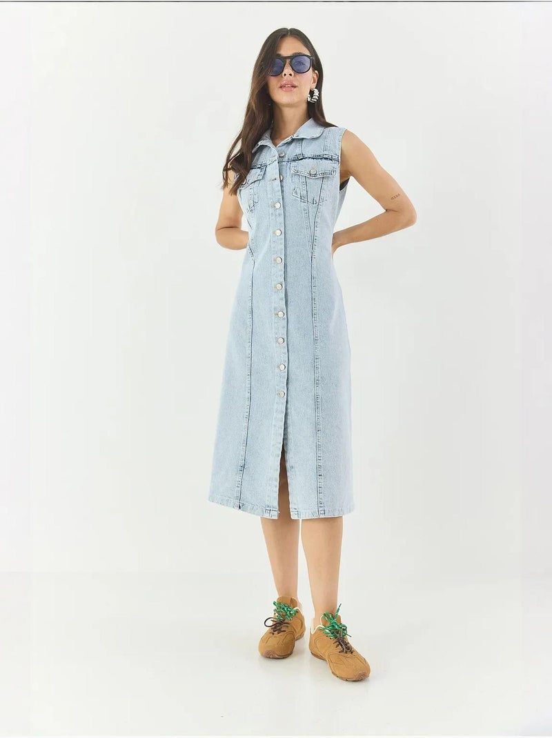 Abito midi in denim aderente con chiusura a bottoni lucci Blu chiaro - Kiabi