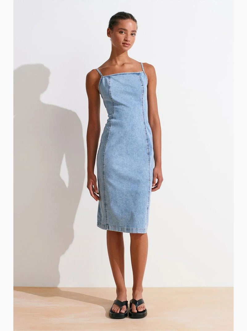 Abito midi in denim aderente scollo quadrato dilvin Blu chiaro - Kiabi