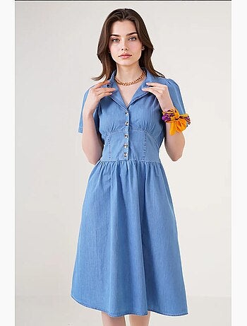 Abito midi in denim con colletto a camicia e chiusura con bottoni bdart