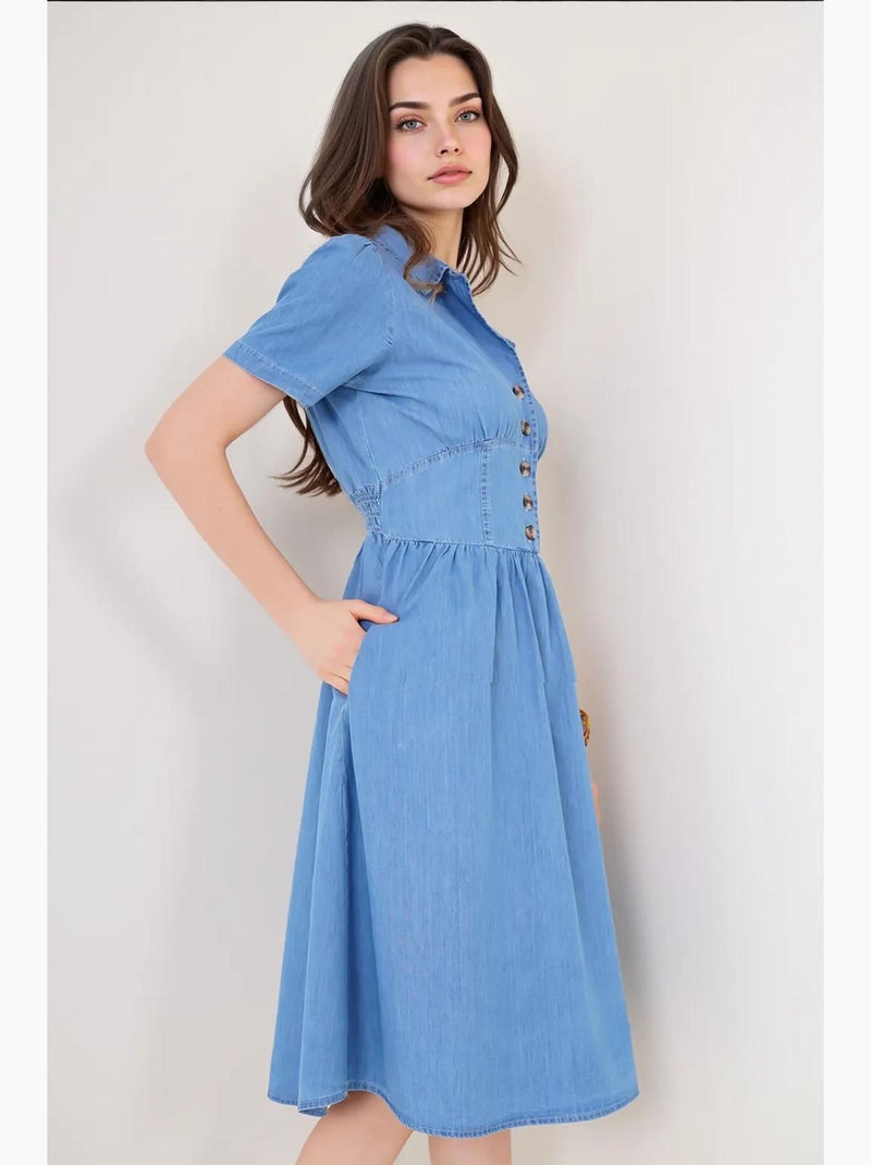 Abito midi in denim con colletto a camicia e chiusura con bottoni bdart Blu chiaro - Kiabi