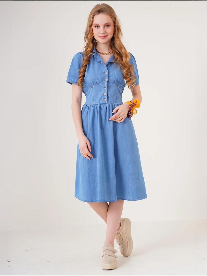Abito midi in denim con colletto a camicia e chiusura con bottoni bdart Blu chiaro - Kiabi