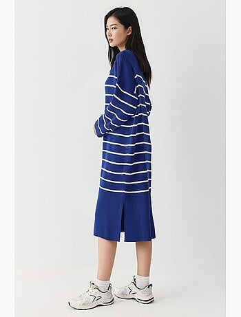 Abito midi in maglia a righe con scollo a v, vestibilità ampia e spacco my fashion