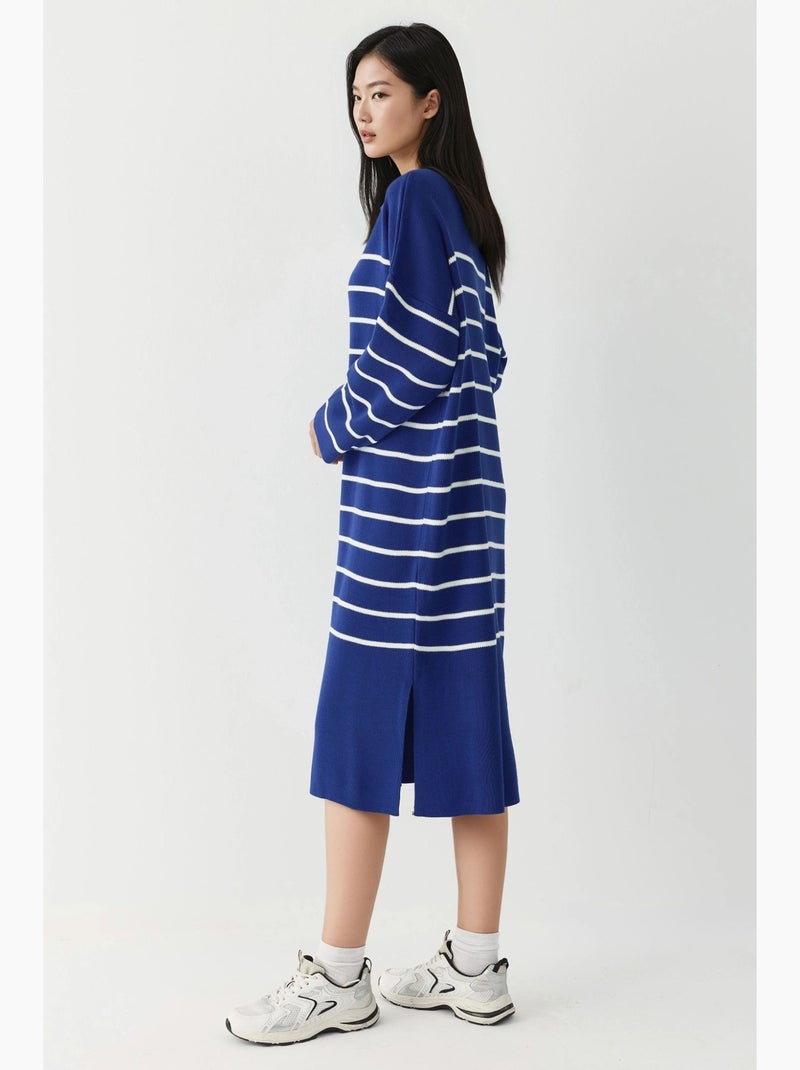 Abito midi in maglia a righe con scollo a v, vestibilità ampia e spacco my fashion Blu cobalto - Kiabi