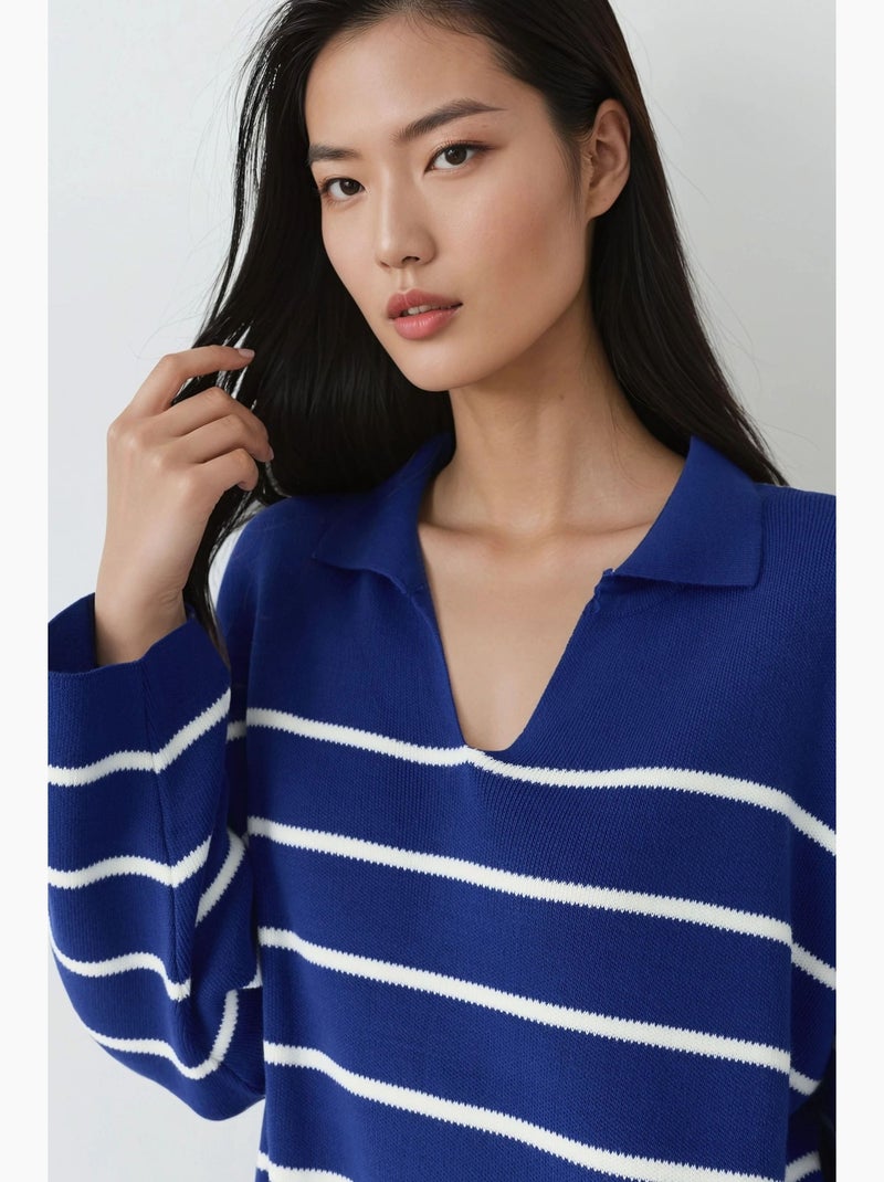 Abito midi in maglia a righe con scollo a v, vestibilità ampia e spacco my fashion Blu cobalto - Kiabi
