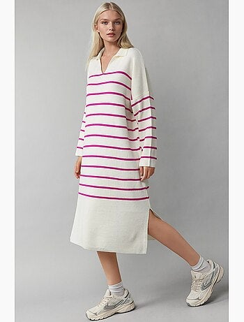 Abito midi in maglia a righe con scollo a v, vestibilità ampia e spacco my fashion