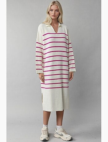 Abito midi in maglia a righe con scollo a v, vestibilità ampia e spacco my fashion