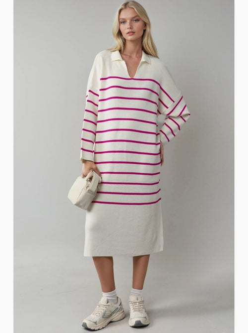 Abito midi in maglia a righe con scollo a v, vestibilità ampia e spacco my fashion - Kiabi Abito midi in maglia a righe con scollo a v, vestibilità ampia e spacco my fashion - Kiabi
