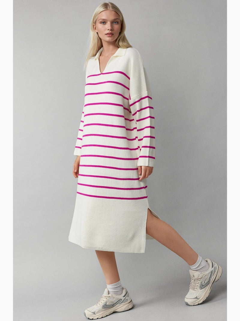 Abito midi in maglia a righe con scollo a v, vestibilità ampia e spacco my fashion Magenta - Kiabi