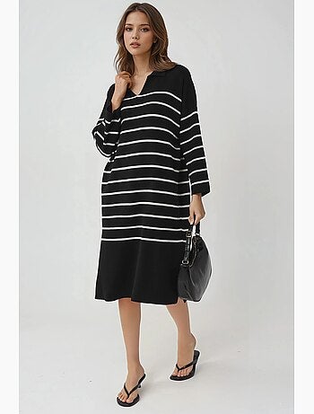 Abito midi in maglia a righe con scollo a v, vestibilità ampia e spacco my fashion